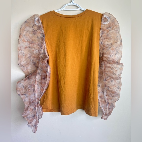 En Saison Puff Sleeve Blouse Size M Mustard Yellow Organza Ruffle Sleeve BohoTop - Picture 6 of 6